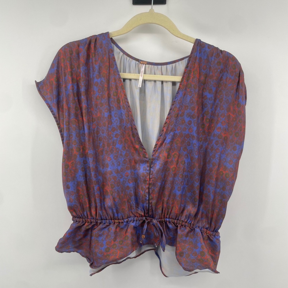 Free People Blouse Women Large Purple Red Floral V-Neck Peplum Boho Top